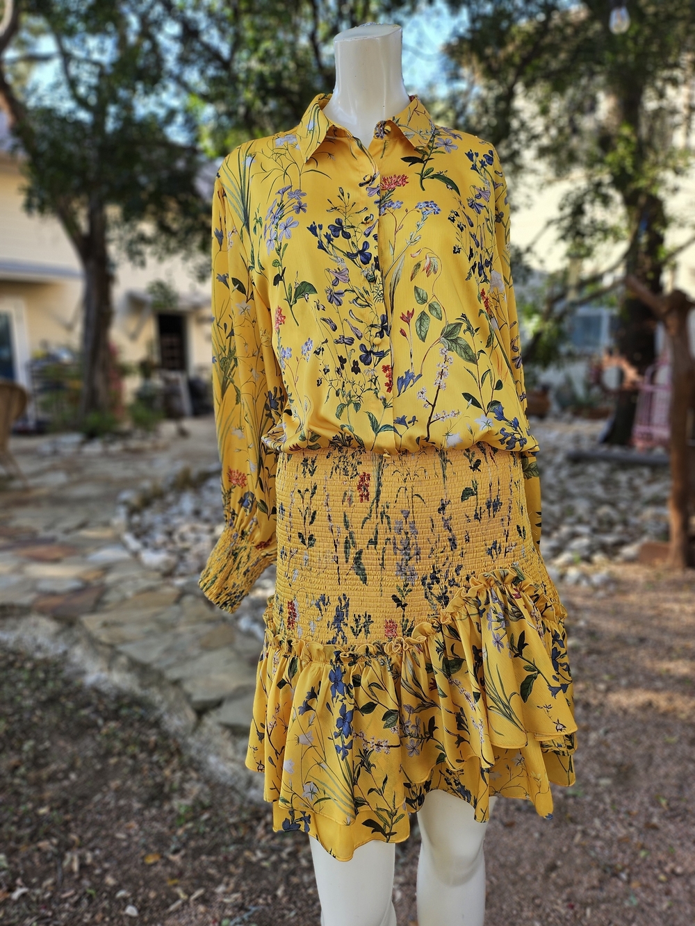 Alexis Yellow Floral Button-Down Smocked Waist Dress with Ruffled Hem L